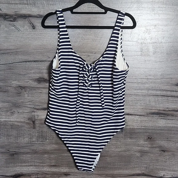 Aerie Striped Ribbed Lace Up Swimsuit Navy and White - Picture 4 of 10